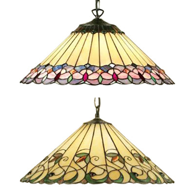 Baroque Art Glass Pendant Light - Conical Down Lighting - Pink/Green Stained - 1 Head - Suspended Design