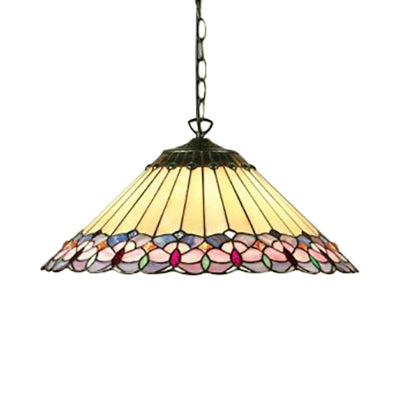 Baroque Art Glass Pendant Light - Conical Down Lighting - Pink/Green Stained - 1 Head - Suspended Design