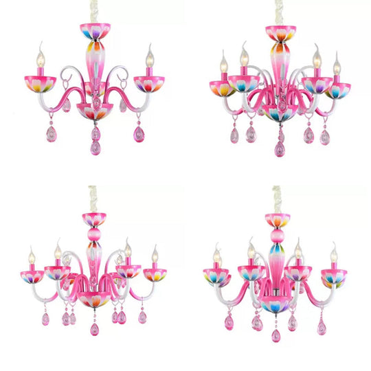 Kids Pink Nursing Room Chandelier Pendant Light With Crystal Deco - Metal Finish