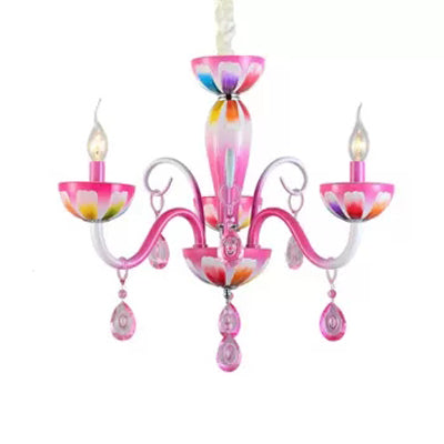 Kids Pink Nursing Room Chandelier Pendant Light With Crystal Deco - Metal Finish