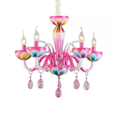 Kids Pink Nursing Room Chandelier Pendant Light With Crystal Deco - Metal Finish