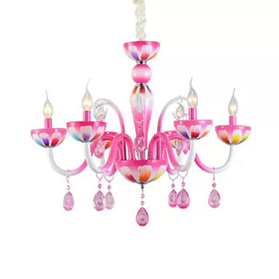 Kids Pink Nursing Room Chandelier Pendant Light With Crystal Deco - Metal Finish