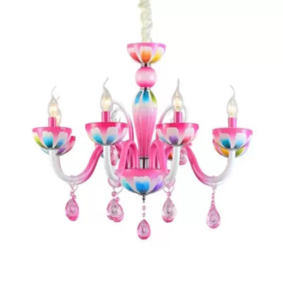 Kids Pink Nursing Room Chandelier Pendant Light With Crystal Deco - Metal Finish