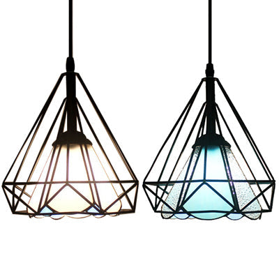 Industrial Diamond Cage Stained Glass Cone Pendant Light - 1-Light Hanging Lamp For Restaurants