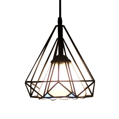 Industrial Diamond Cage Stained Glass Cone Pendant Light - 1-Light Hanging Lamp For Restaurants