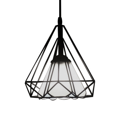 Industrial Diamond Cage Stained Glass Cone Pendant Light - 1-Light Hanging Lamp For Restaurants