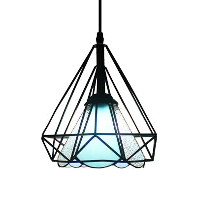 Industrial Diamond Cage Stained Glass Cone Pendant Light - 1-Light Hanging Lamp For Restaurants