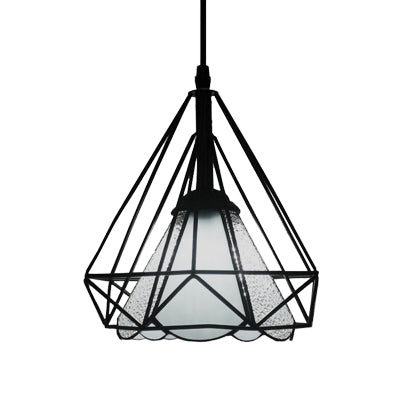 Industrial Diamond Cage Stained Glass Cone Pendant Light - 1-Light Hanging Lamp For Restaurants