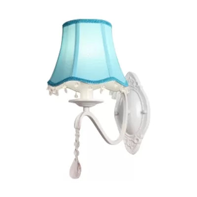 Metal Wall Sconce With Flared Shade And Teardrop Crystal - Perfect For Modern Girls Bedroom Blue