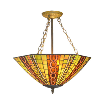 Yellow Antique Tiffany Stained Glass Chandelier - Perfect For Hotels & Homes / Wire Mesh