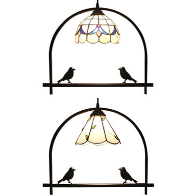 Rustic Hanging Pendant Light For Study Room With Arch Shelf - Glass & Metal Beige Shade

This