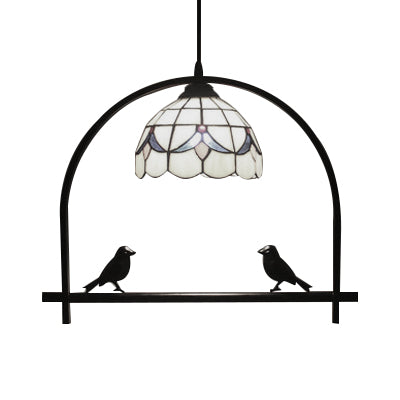 Rustic Hanging Pendant Light For Study Room With Arch Shelf - Glass & Metal Beige Shade

This