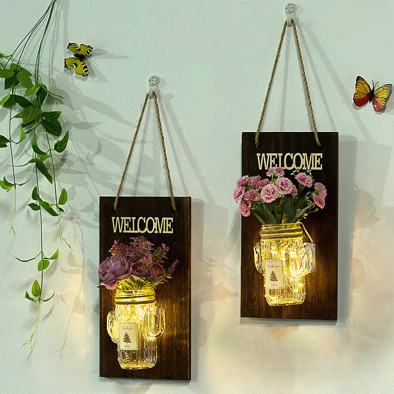 Rustic Style Clear Glass Shade Wall Sconce With Purple Flower String Lights For Cafe