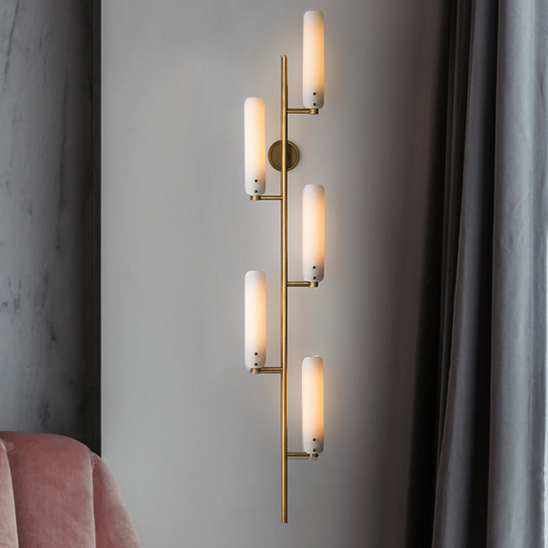 Vintage Gold Wall Mounted Light With Opal Glass - 5 Head Cylinder Design For Bedside Lighting