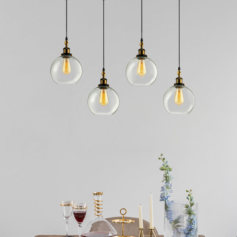 Vintage Industrial Brass Orb Pendant Light with Clear Glass Shade - 3/4-Light Multi Hanging Fixture for Living Room