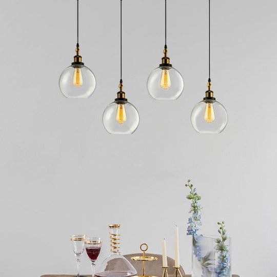 Vintage Industrial Brass Orb Pendant Light with Clear Glass Shade - 3/4-Light Multi Hanging Fixture for Living Room