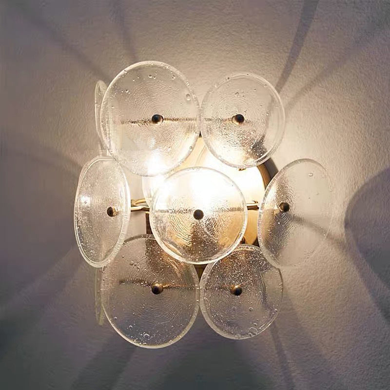 Minimalistic Circle Glass Sconce: Clear Textured Wall Mounted Light Fixture (2 Bulbs) For Living