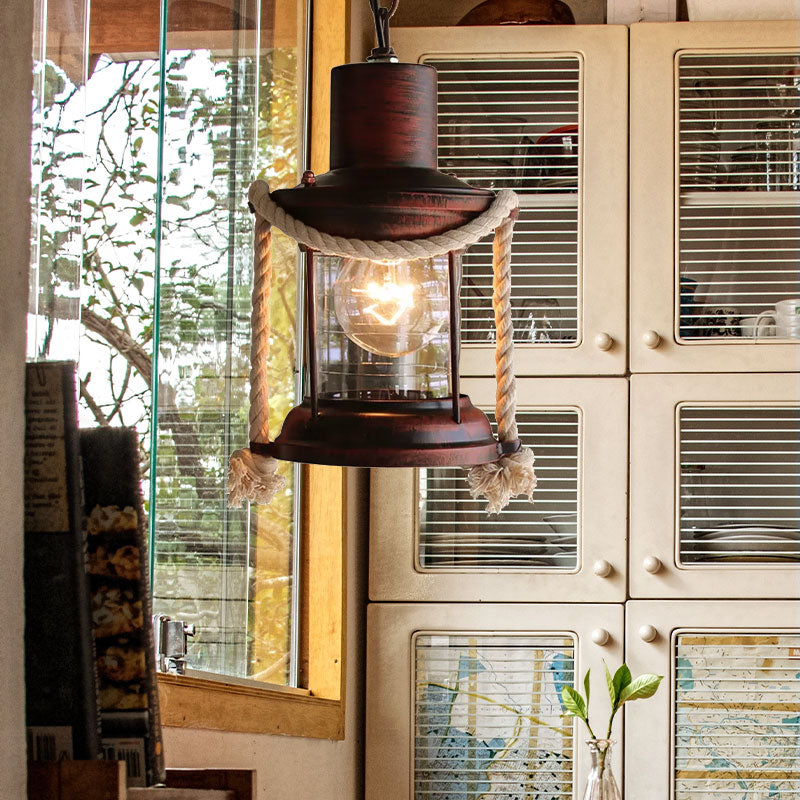 Coastal Kerosene Pendant Light: Clear Glass Hanging Ceiling Light In Antique Brass/Weathered Copper