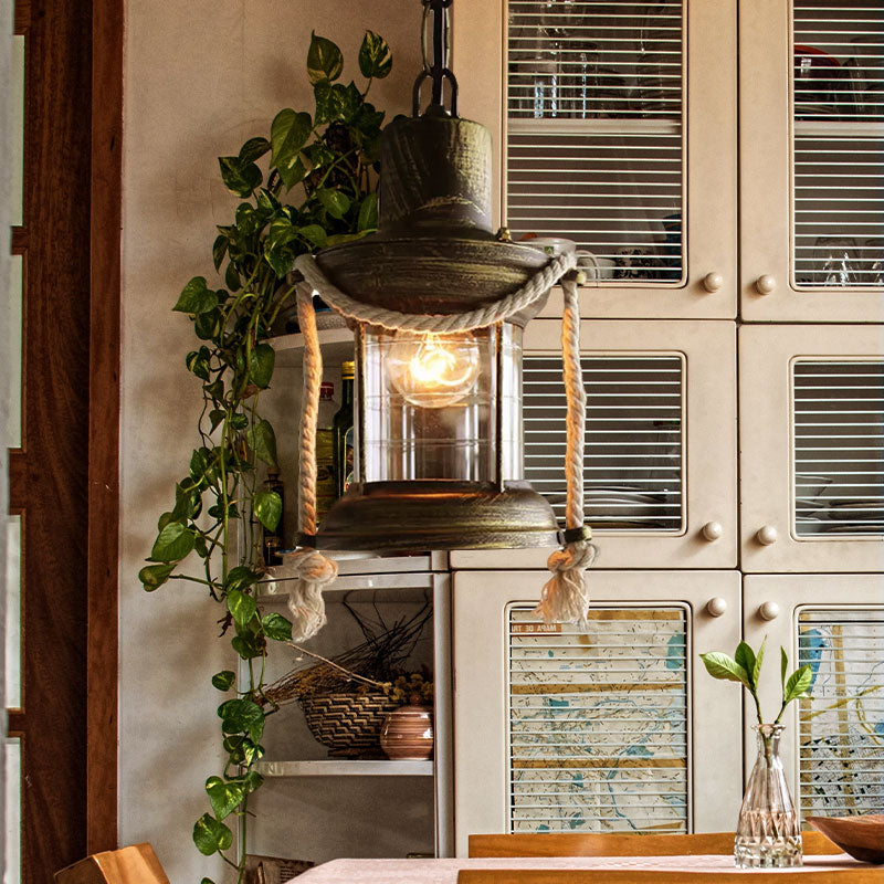 Coastal Kerosene Pendant Light: Clear Glass Hanging Ceiling Light In Antique Brass/Weathered Copper