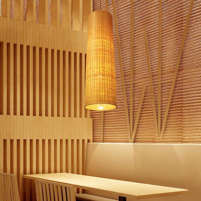 10/12 W Asian Style Rattan Cylinder Hanging Pendant Light - Beige Ceiling Lighting For Restaurants