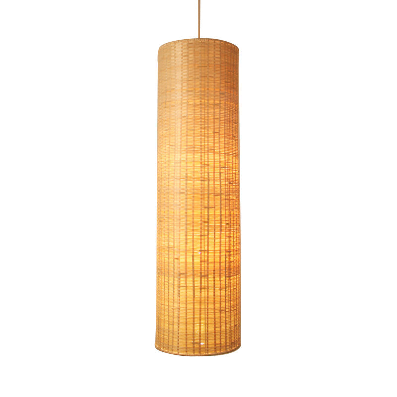 10/12 W Asian Style Rattan Cylinder Hanging Pendant Light - Beige Ceiling Lighting For Restaurants