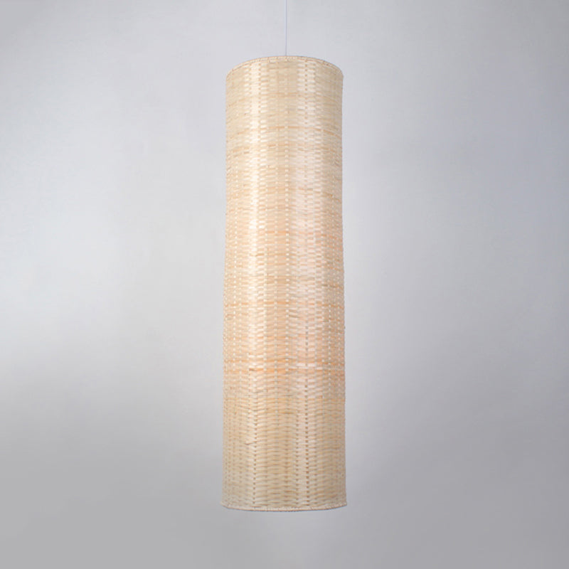 10/12 W Asian Style Rattan Cylinder Hanging Pendant Light - Beige Ceiling Lighting For Restaurants