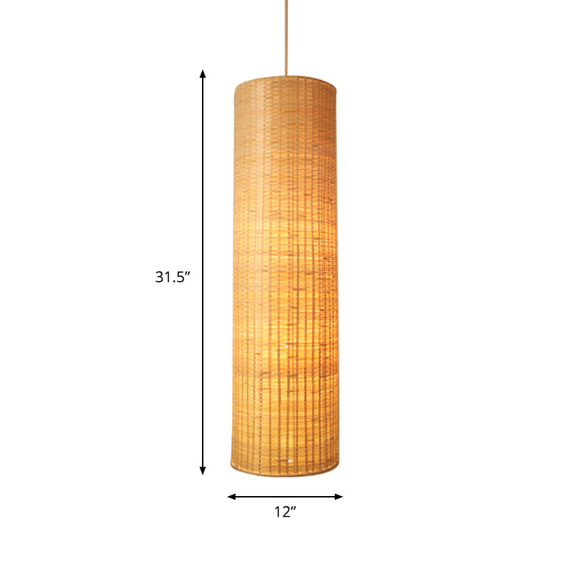 10/12 W Asian Style Rattan Cylinder Hanging Pendant Light - Beige Ceiling Lighting For Restaurants