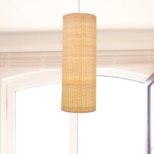 10/12 W Asian Style Rattan Cylinder Hanging Pendant Light - Beige Ceiling Lighting For Restaurants