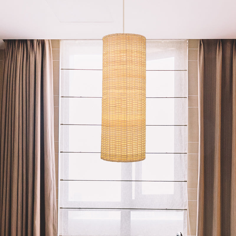 10/12 W Asian Style Rattan Cylinder Hanging Pendant Light - Beige Ceiling Lighting For Restaurants