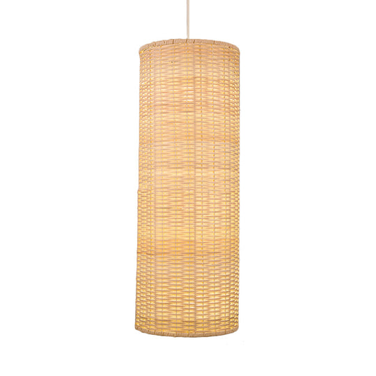 10/12 W Asian Style Rattan Cylinder Hanging Pendant Light - Beige Ceiling Lighting For Restaurants