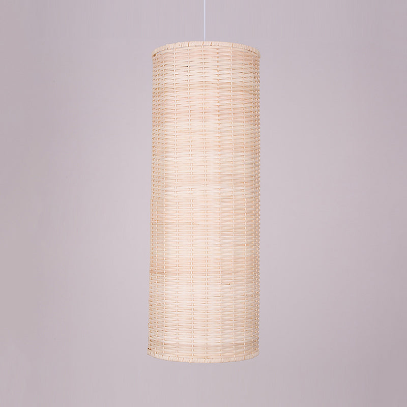 10/12 W Asian Style Rattan Cylinder Hanging Pendant Light - Beige Ceiling Lighting For Restaurants