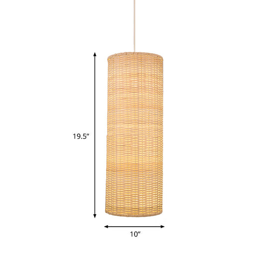 10/12 W Asian Style Rattan Cylinder Hanging Pendant Light - Beige Ceiling Lighting For Restaurants