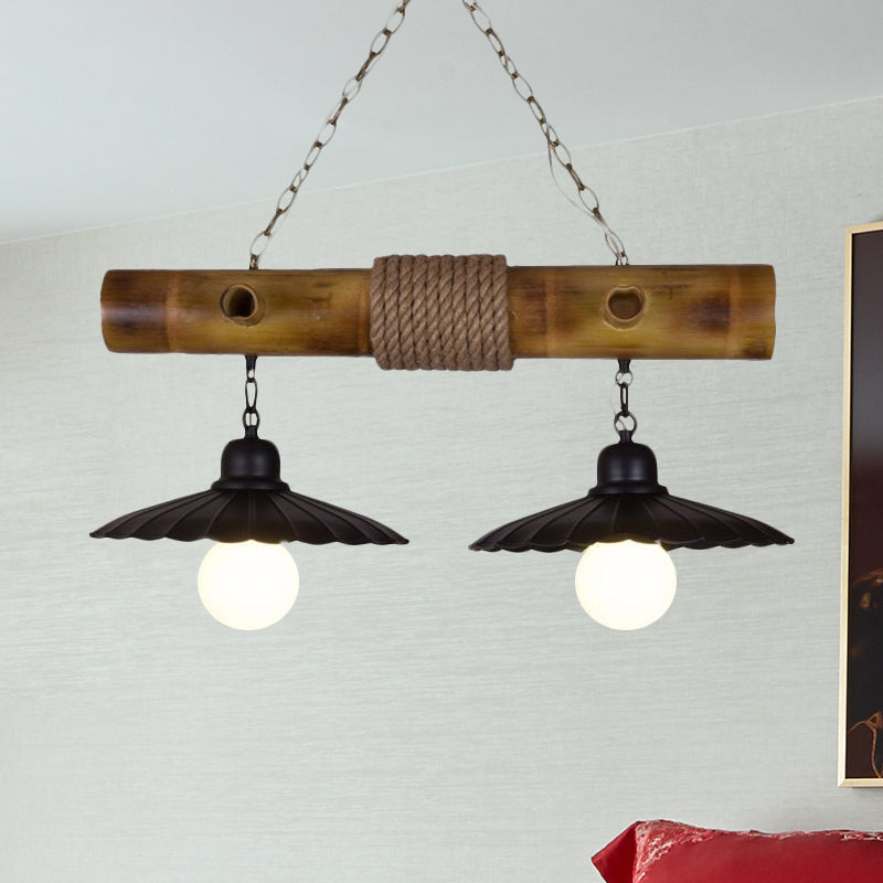 Scalloped Hanging Lamp: 2 Heads Countryside Black Rope And Bamboo Island Lighting For Dining Room