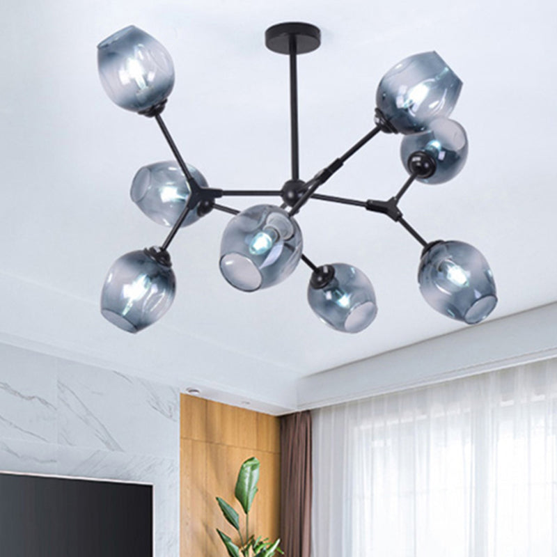 Modern Nordic Style Black Branch Chandelier With Adjustable Arm - 6/8/9 Lights Amber/Blue/Clear