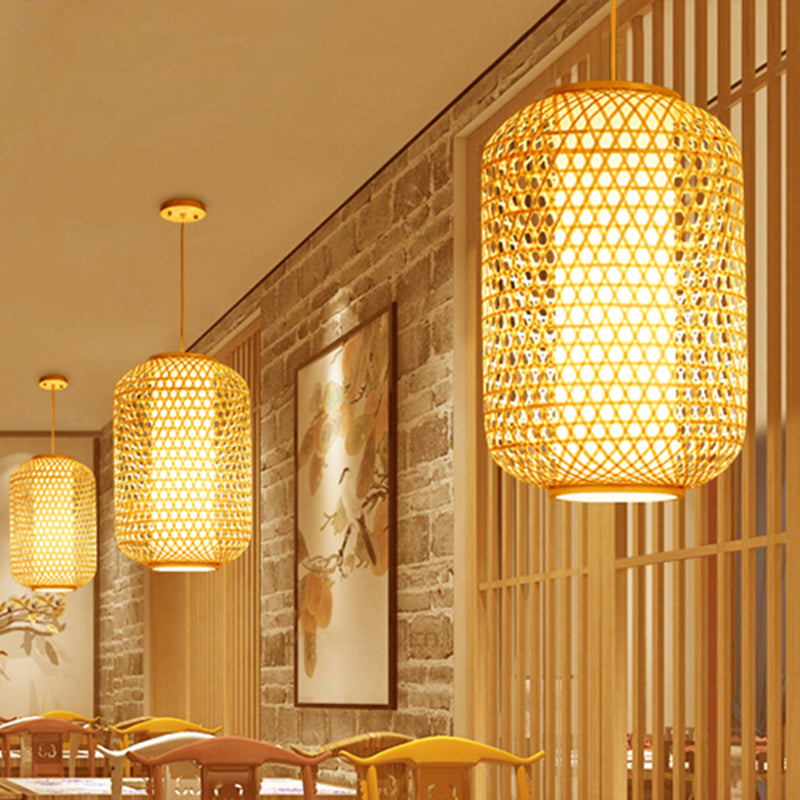 Bamboo Asian Lantern Pendant Light - Single Head Ceiling Drop For Restaurant & Dining Room Decor