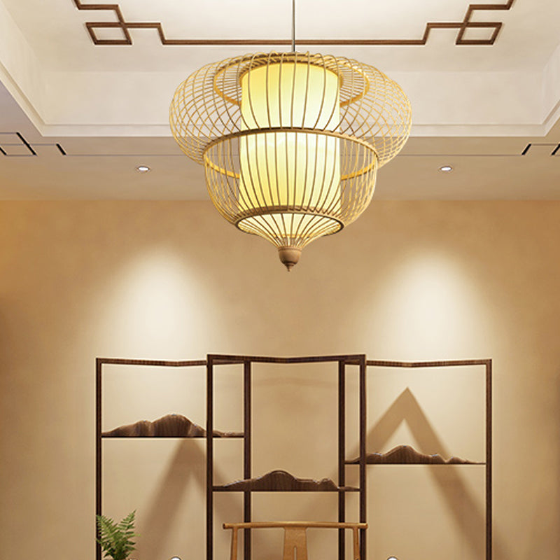 Restaurant Asian Bamboo Hanging Pendant Light Beige Lantern Style - Single Head 16/19.5 Diameter