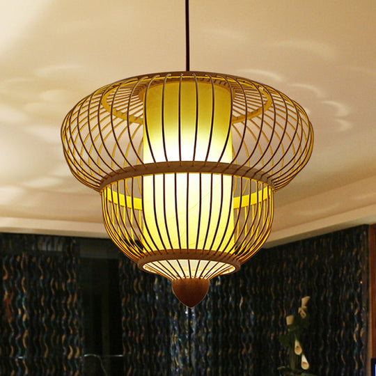 Restaurant Asian Bamboo Hanging Pendant Light Beige Lantern Style - Single Head 16/19.5 Diameter