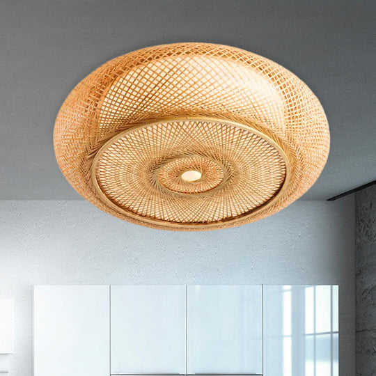 Handcrafted Bamboo Flush Mount Ceiling Light - 3-Light Beige Round Shade Fixture, 16"/19.5" Width