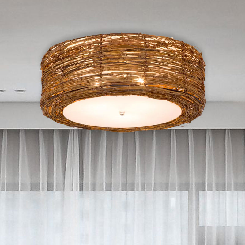 Modern 3-Light Rattan Flush Mount Ceiling Lamp - Hand-Woven Round Shade in Brown, 16"/19.5" Width