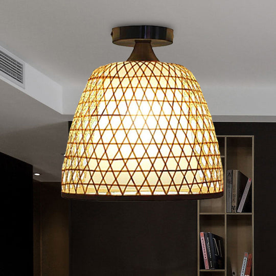 Lodge Style Bamboo Bucket Shade Semi Flush Light - Stylish Beige Ceiling Lighting for Corridor