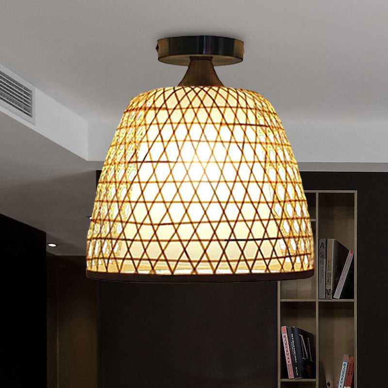 Lodge Style Bamboo Bucket Shade Semi Flush Light - Stylish Beige Ceiling Lighting For Corridor