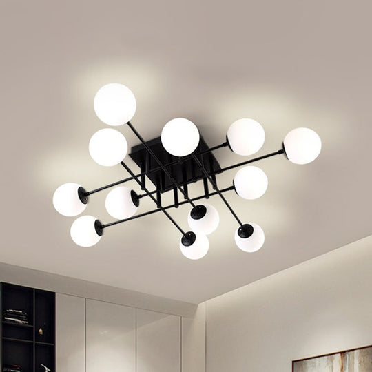 Nordic Metal Crossed Lines Semi Flush Ceiling Light - Black Flush Mount with Glass Shade - 3/8/12 Heads - Ideal for Living Room