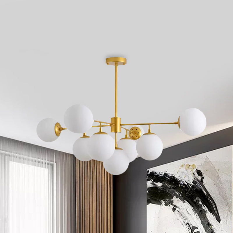 Modern Black/Gold Branch Chandelier - 7/9/11-Light Iron Pendant With White Glass Ball Shade