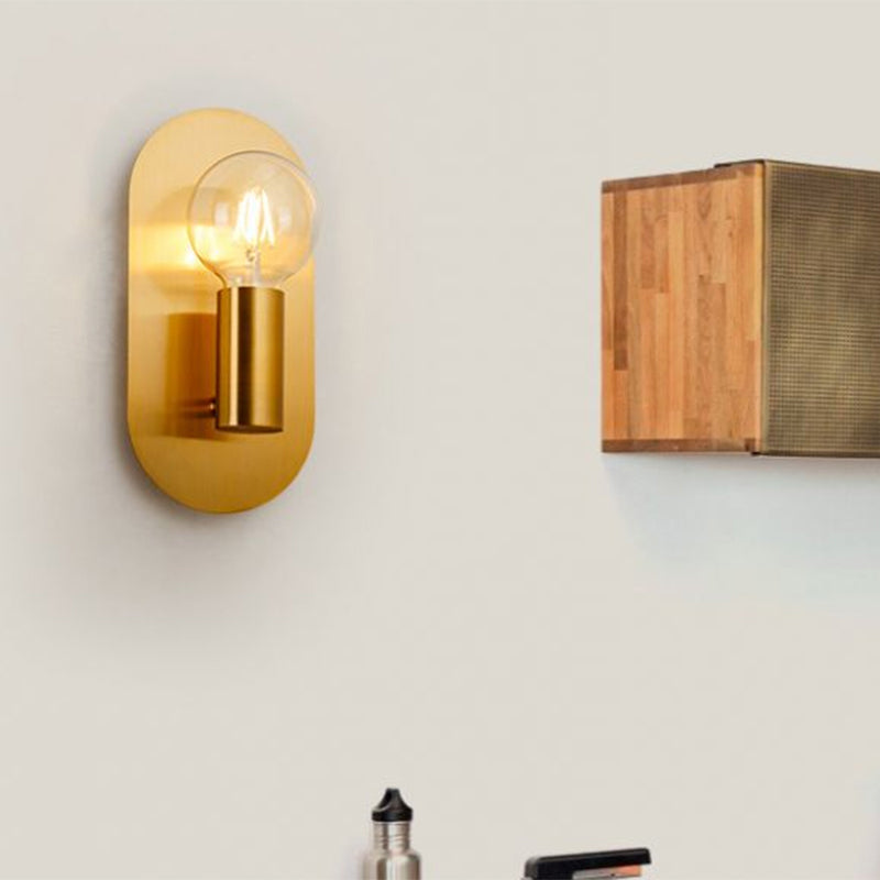 Modern Gold Wall Lamp With Exposed Bulb And Metal Backplate