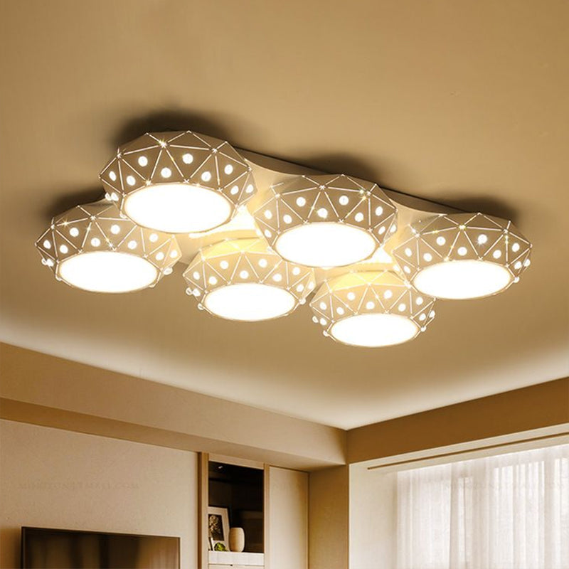 Modern Style White Flush Mount Ceiling Light with 6 Faceted Round Lights for Living Room