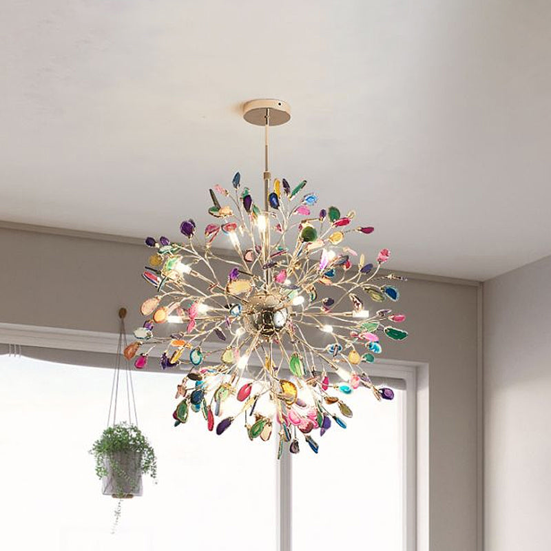 Contemporary Gold Flower Chandelier With Multi-Agate Lights - Hanging Ceiling Fixture