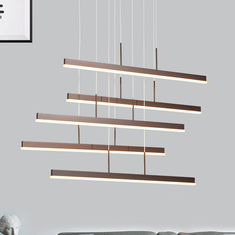 Modern Led Island Chandelier - Brown Linear Design With 3/5 Lights Warm/White Light Acrylic Hanging