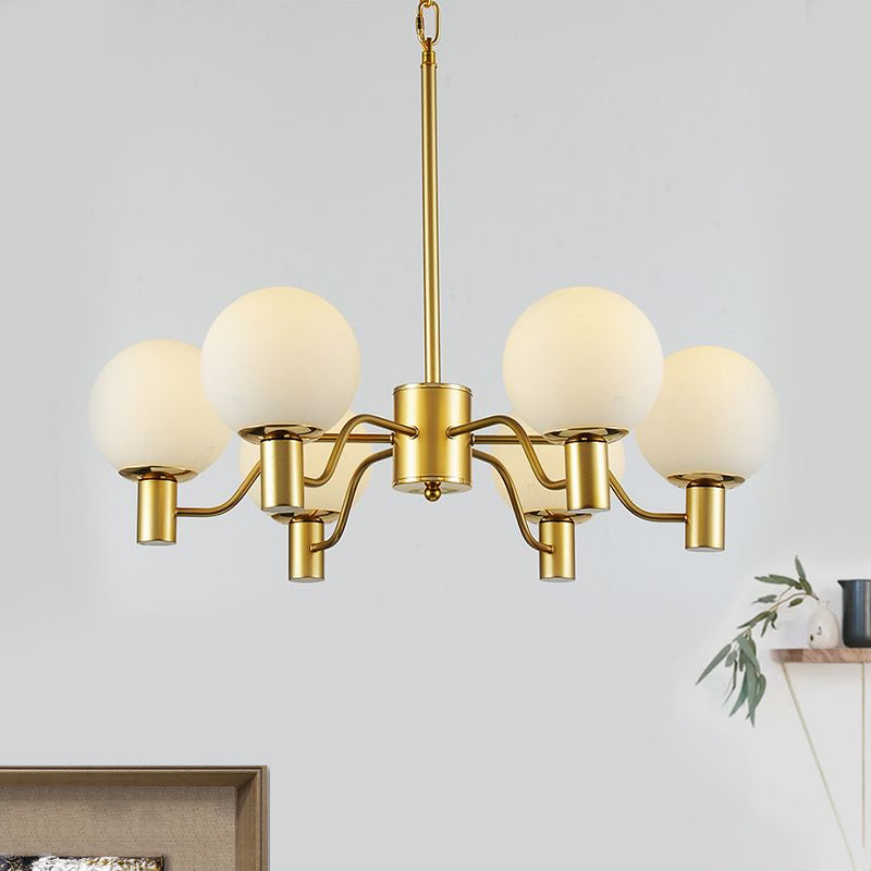 Contemporary Radial White Glass Chandelier With Gold Finish - Stunning Ball Shade Hanging Light