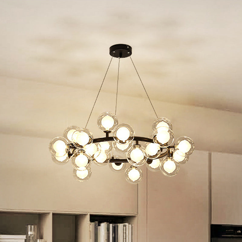 Modern Glass Chandelier - Global Shade Ceiling Light Fixture With Black/Gold Finish And Metal Ring