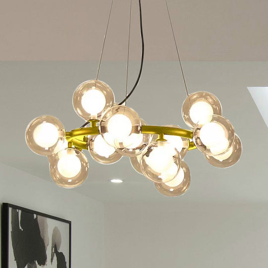 Modern Glass Chandelier - Global Shade Ceiling Light Fixture With Black/Gold Finish And Metal Ring